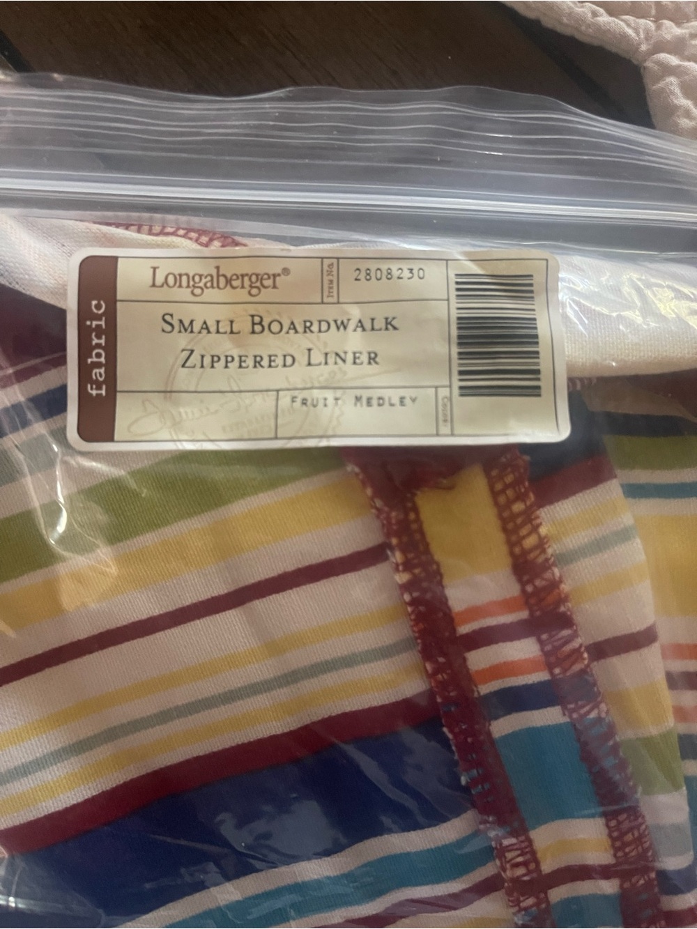 Longaberger Striped Zippered Liner in Blue, Yellow, Red, Green and Cream